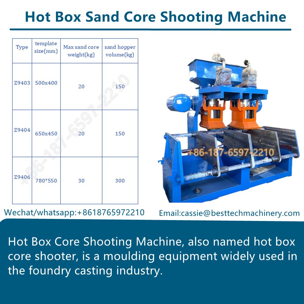 Hot Box Core Shooting Machine is a specialized industrial machine used in the foundry industry to produce sand cores for metal casting. Sand cores are essential components used to create internal cavities or hollow sections in cast metal products. The machine uses a hot box process, which is a chemical curing method that relies on heat to harden the sand core quickly.