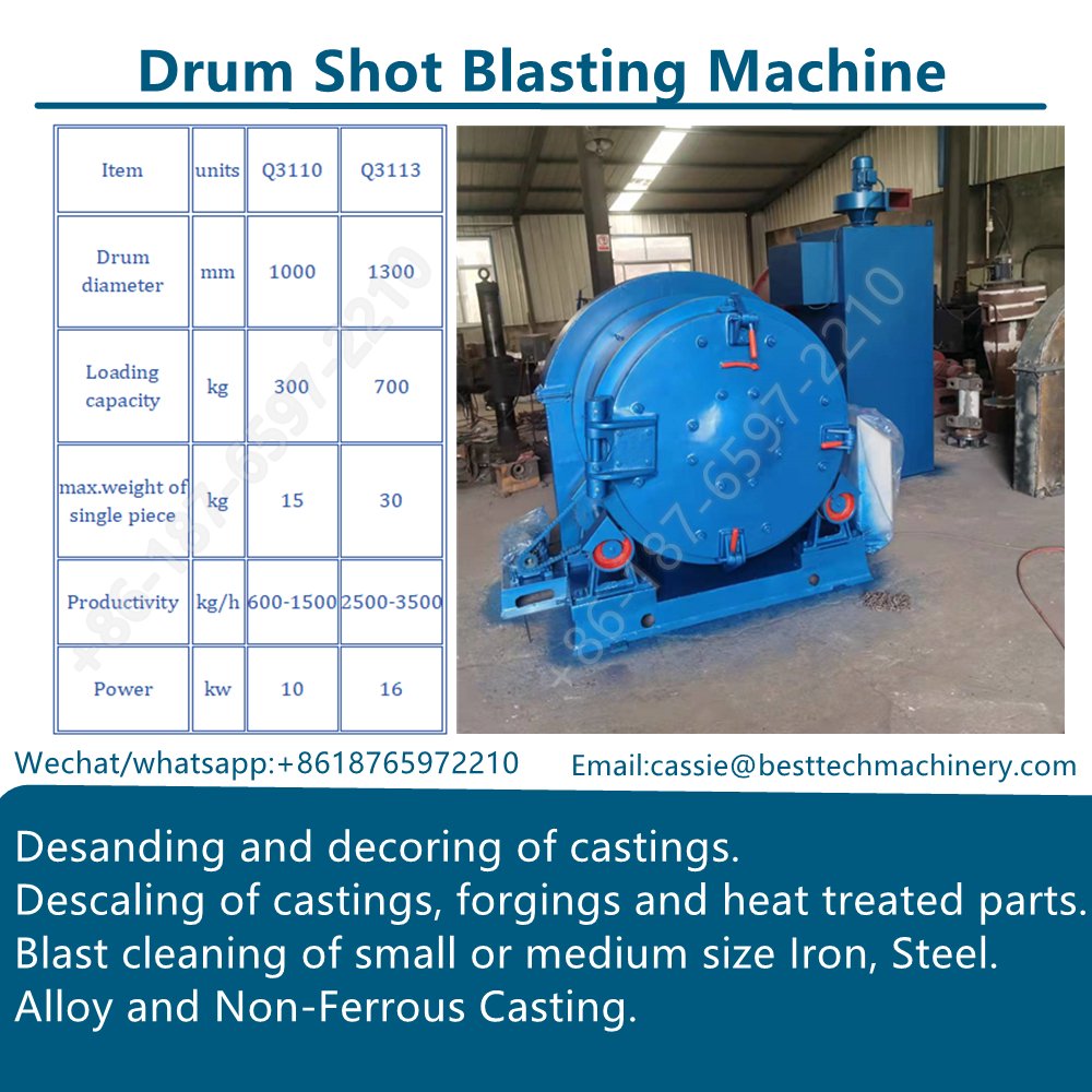 Drum shot blast machines are the most flexible types to remove rust, scale, sand and burrs for all kinds of work pieces.