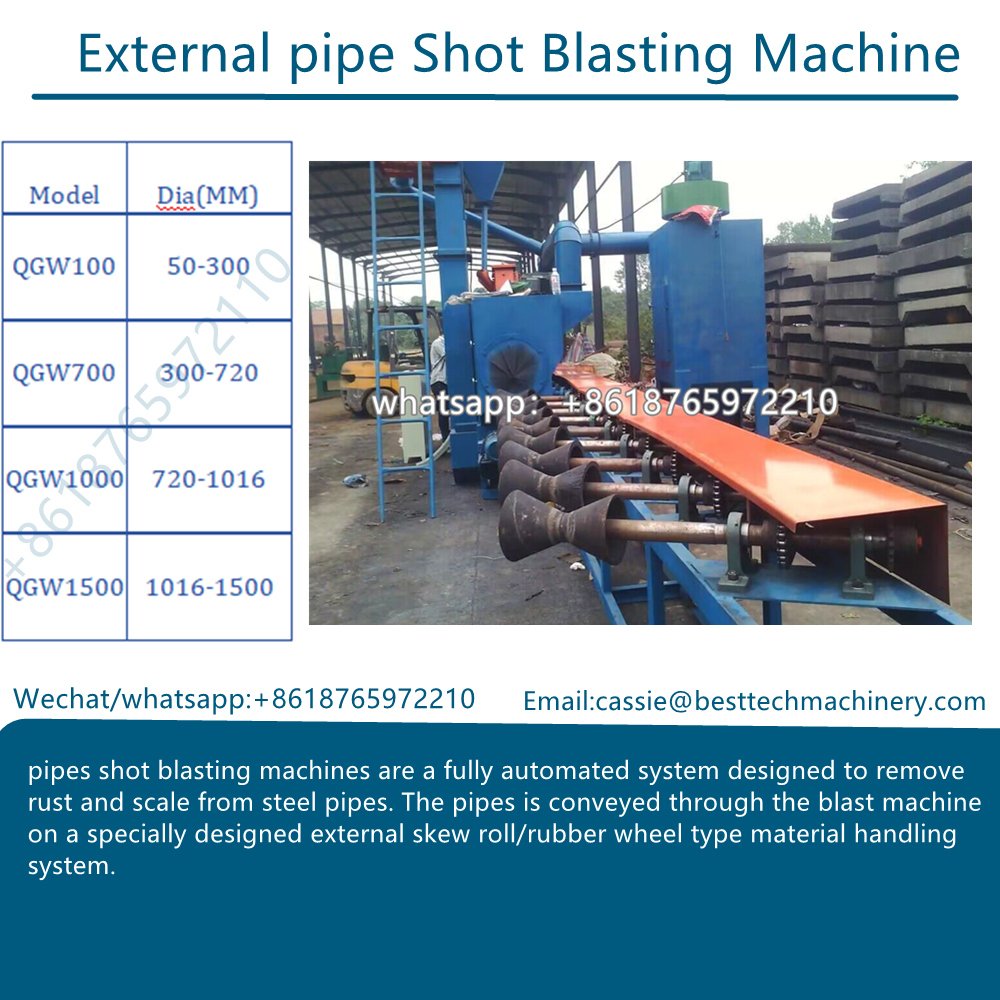 Pipe shot blaster are a fully automated system designed to remove rust and scale from internal wall and external wall steel pipes.