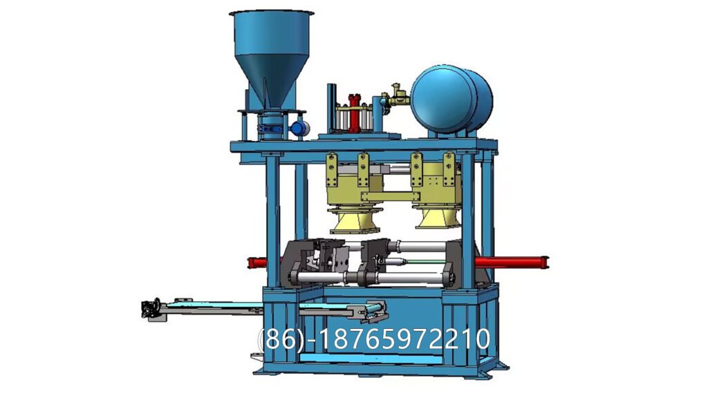 A Cold Box Core Shooter uses a chemical curing process to harden sand cores quickly at room temperature. The process involves injecting a gas—typically amine-based—into the sand mixture, which has been mixed with a binder. The gas activates the binder, rapidly curing the core into a solid shape within a few seconds.