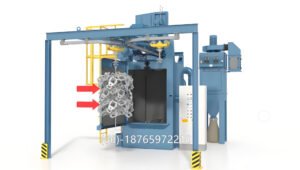 hanger shot blasting machine is a type of airless blasting equipment where workpieces are hung on a rotating hook (or hanger) and blasted with high-speed abrasive media propelled by a centrifugal blast wheel. The machine typically features one or more hooks mounted on a rotating Y-track or overhead monorail system, allowing continuous or batch-type operation.