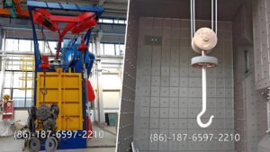 hanger shot blasting machine is a type of surface cleaning and preparation equipment used mainly for metal parts that are large, heavy, or have complex shapes. It removes rust, scale, sand, paint, and welding residues by bombarding the surface with high-speed steel shots or grit.