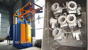 hanger shot blasting machine uses high-speed steel shots propelled by blast wheels to clean or strengthen the surface of metal components.
