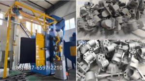 hanger shot blasting machine is a type of surface treatment equipment used to clean, strengthen, or polish metal parts. Workpieces are hung individually or in batches on rotating hooks (hangers), then blasted with high-speed steel shots from multiple directions inside an enclosed chamber.