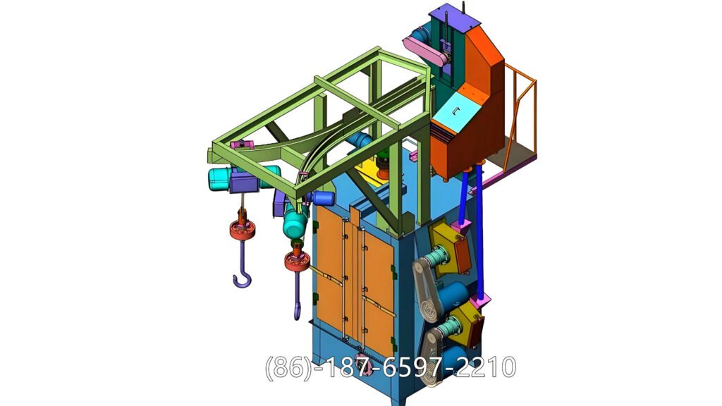 hanger shot blasting machine uses a blast wheel to accelerate and project steel shots (abrasive media) onto the surface of suspended metal parts. The high-speed impact removes rust, oxide layers, and other impurities, creating a clean, roughened surface ready for coating, painting, or further processing.