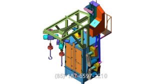 hanger shot blasting machine uses a blast wheel to accelerate and project steel shots (abrasive media) onto the surface of suspended metal parts. The high-speed impact removes rust, oxide layers, and other impurities, creating a clean, roughened surface ready for coating, painting, or further processing.