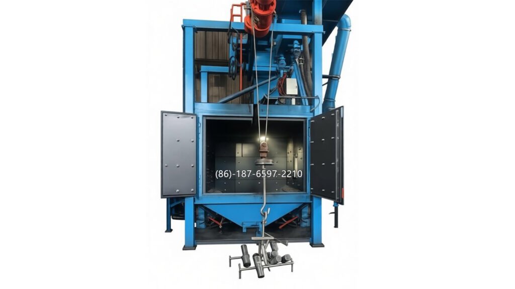 hanger shot blasting machine is a type of surface treatment equipment that suspends workpieces on rotating hooks (hangers) for 360-degree cleaning. It uses high-speed blasting turbines to project steel shots onto the surface, removing rust, scale, sand, and old coatings.