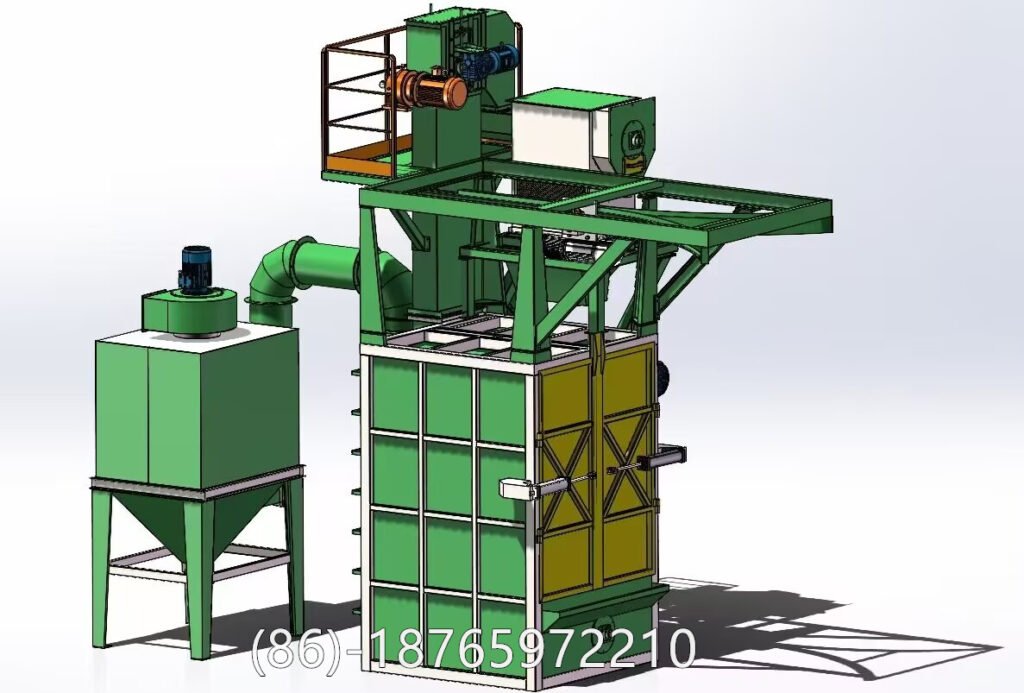 hanger shot blasting machine is a type of surface treatment equipment that suspends workpieces on rotating hooks (hangers) for 360-degree cleaning. It uses high-speed blasting turbines to project steel shots onto the surface, removing rust, scale, sand, and old coatings.