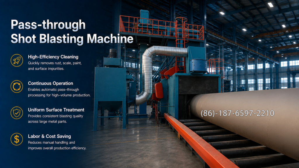 Pass Through Shot Blasting Machine is a continuous abrasive blasting system in which workpieces enter through an inlet opening and leave through an outlet after passing through the blasting chamber.