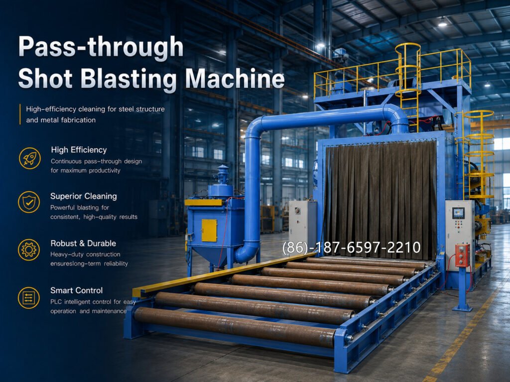 Roller Conveyor Shot Blasting Machine is a continuous surface treatment system that uses powered rollers to transport metal workpieces through one or more enclosed blasting chambers.