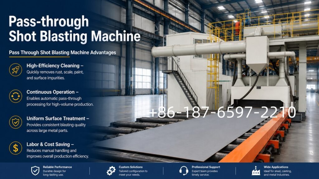 Continuous Pass Through Shot Blasting Machine is an automatic abrasive blasting system designed to continuously transport steel plates or other metal workpieces through an enclosed blasting chamber.