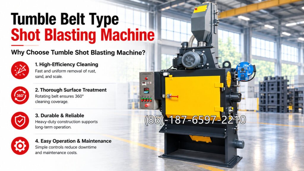 tumble shot blasting machine is an automatic surface-cleaning machine used to remove rust, scale, sand, burrs, and other surface impurities from metal castings and small-to-medium-sized workpieces.