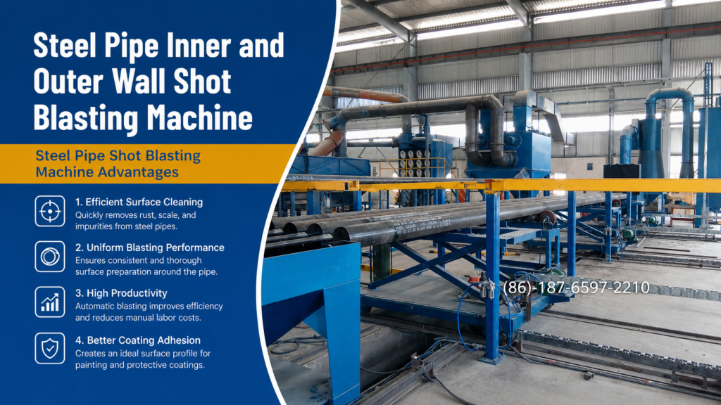 steel pipe shot blasting machine is industrial equipment designed to remove: Rust Mill scale Oxide Heat-treatment scale Welding residue Surface contaminants from steel pipe surfaces using high-velocity metallic abrasive.