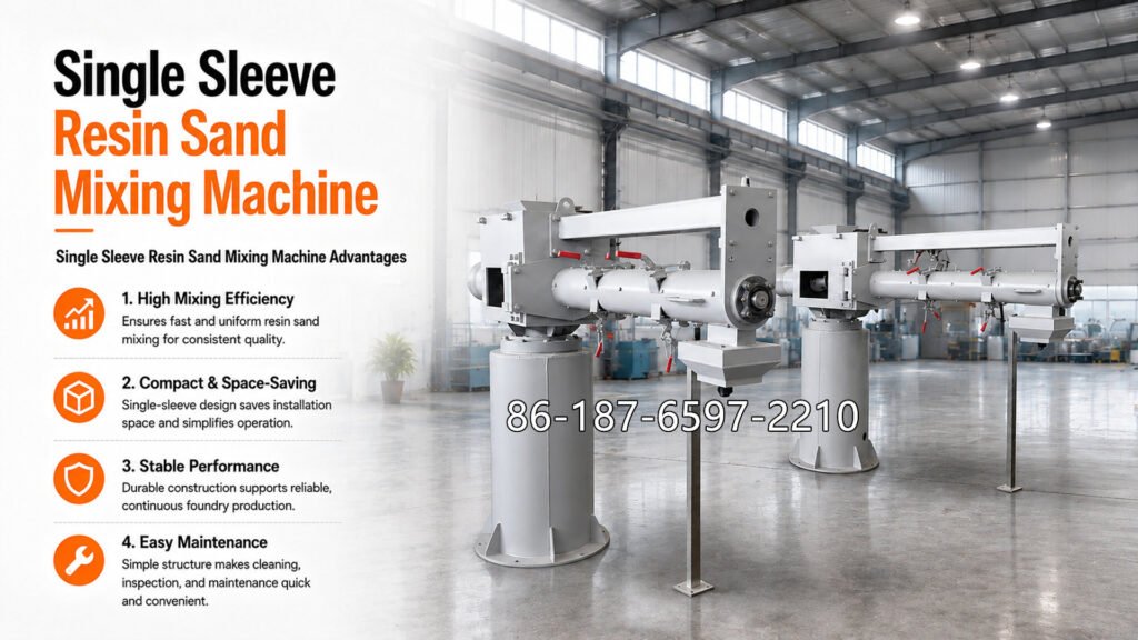 Single Sleeve Resin Sand Mixing Machine is industrial foundry equipment designed to mix molding sand with binder components such as resin and catalyst/hardener to produce uniform resin-bonded sand.