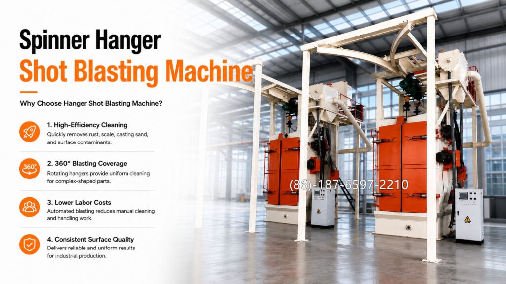 hook type shot blasting machine is an enclosed abrasive blasting system that uses a suspended hook to carry metal workpieces into a blasting chamber.