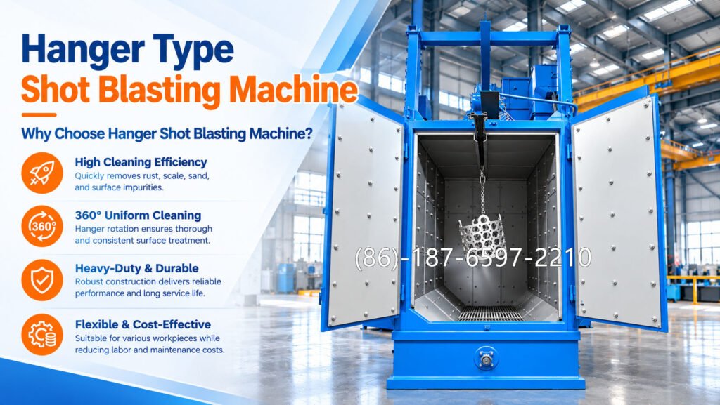 hook shot blasting machine is industrial surface treatment equipment that uses high-speed abrasive particles to remove contaminants from metal workpieces.